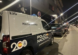 El vehículo de la Policía Científica, cerca del portal donde ocurrió el suceso el pasado jueves.