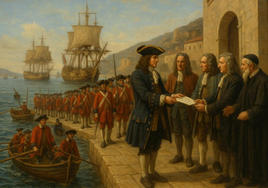 Recreación del puerto de Cartagena donde Leake entrega la carta a las autoridades de la ciudad.